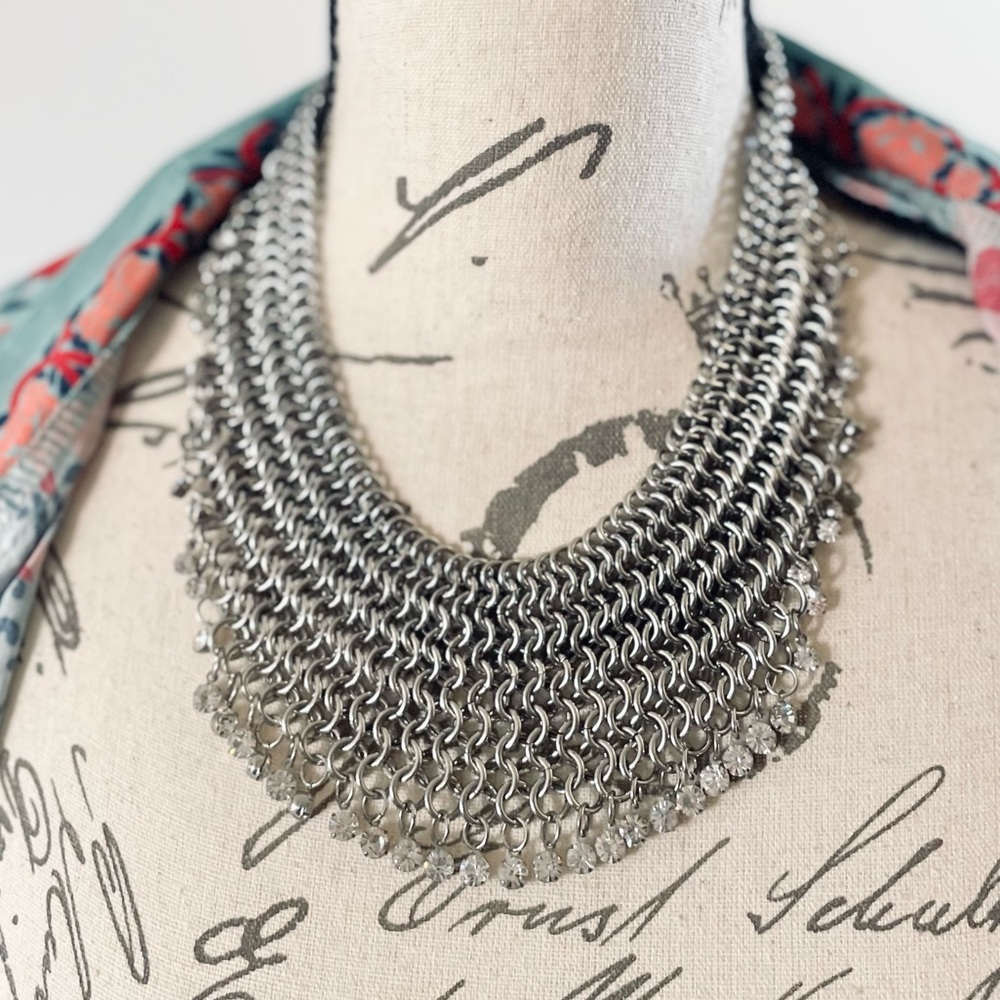 Silver Tone Chainmail Rhinestone Bib Necklace Cleopatra Whimsigoth Renn Faire - Picture 3 of 6